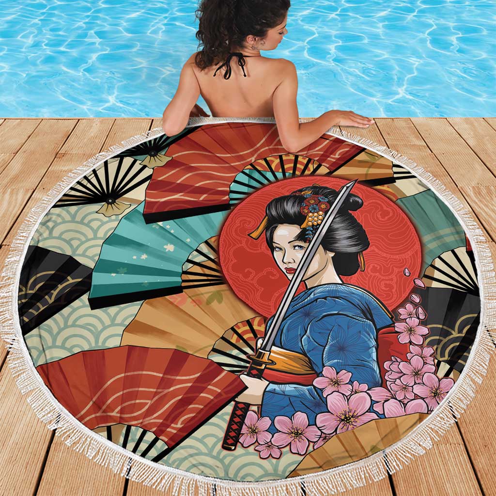 Japanese Geisha Katana Beach Blanket Japan Sensu Seigaiha Pattern - Wonder Print Shop