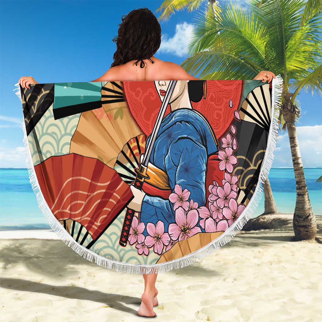 Japanese Geisha Katana Beach Blanket Japan Sensu Seigaiha Pattern - Wonder Print Shop