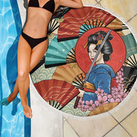 Japanese Geisha Katana Beach Blanket Japan Sensu Seigaiha Pattern - Wonder Print Shop