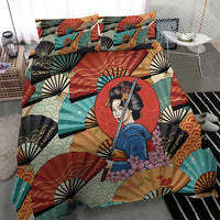 Japanese Geisha Katana Bedding Set Japan Sensu Seigaiha Pattern - Wonder Print Shop