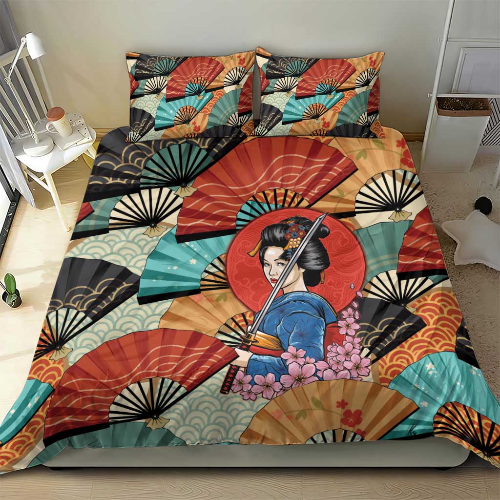 Japanese Geisha Katana Bedding Set Japan Sensu Seigaiha Pattern - Wonder Print Shop