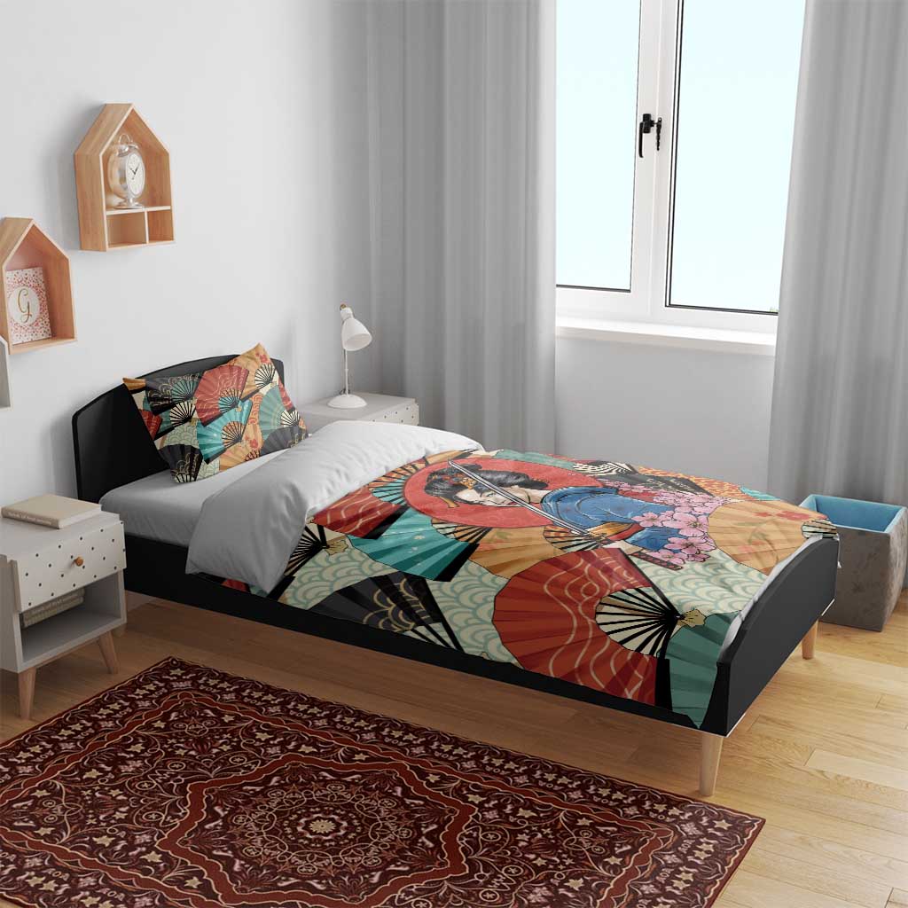 Japanese Geisha Katana Bedding Set Japan Sensu Seigaiha Pattern - Wonder Print Shop