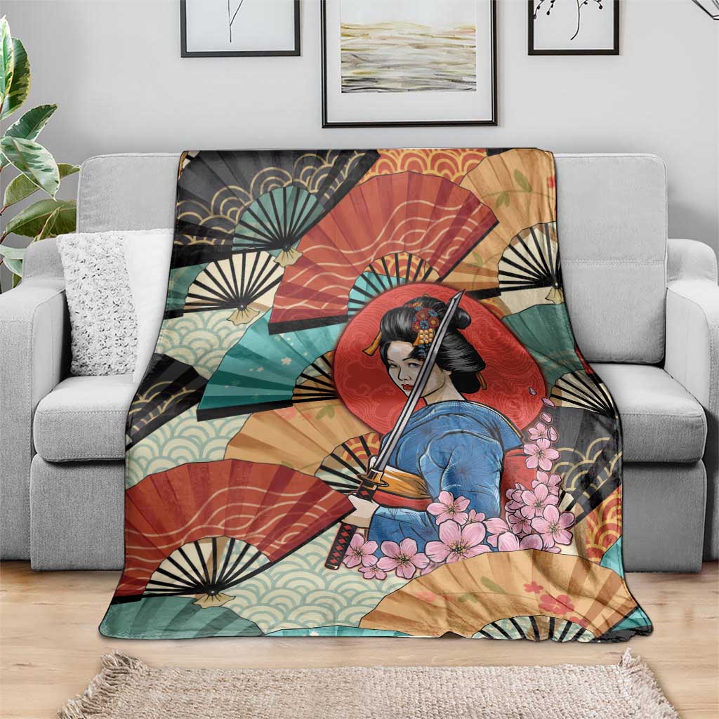 Japanese Geisha Katana Blanket Japan Sensu Seigaiha Pattern - Wonder Print Shop