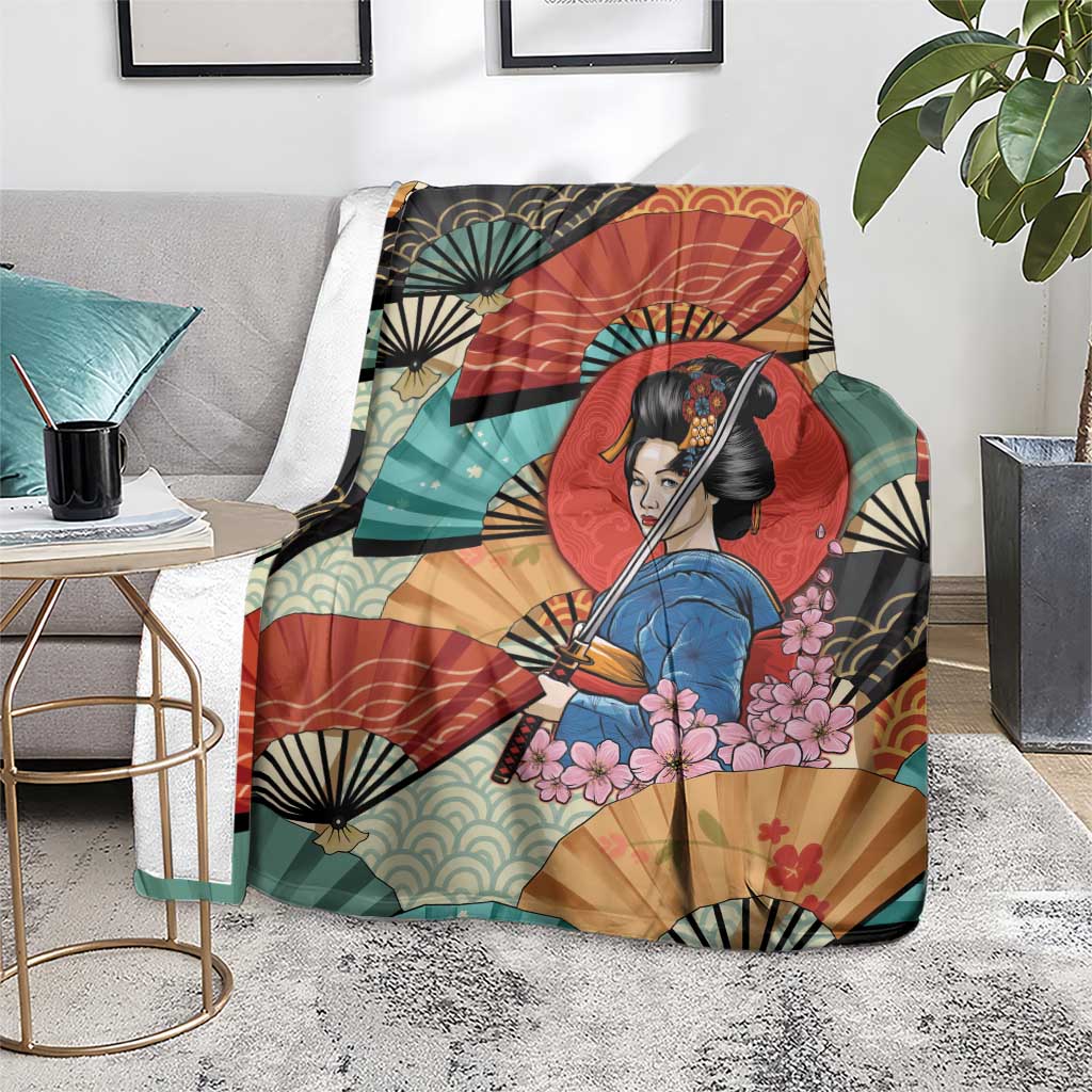 Japanese Geisha Katana Blanket Japan Sensu Seigaiha Pattern - Wonder Print Shop