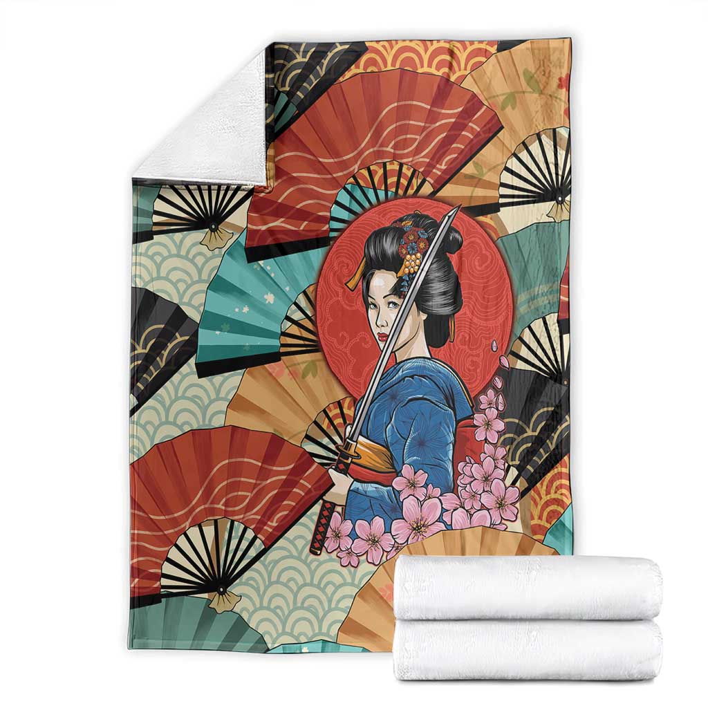 Japanese Geisha Katana Blanket Japan Sensu Seigaiha Pattern - Wonder Print Shop