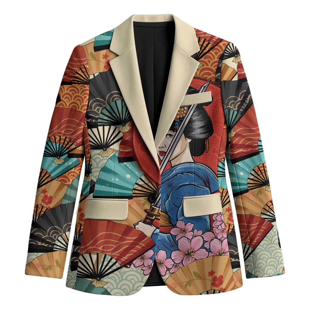 Japanese Geisha Katana Blazer Japan Sensu Seigaiha Pattern - Wonder Print Shop