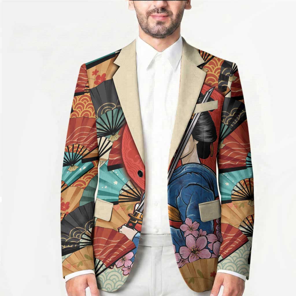 Japanese Geisha Katana Blazer Japan Sensu Seigaiha Pattern - Wonder Print Shop