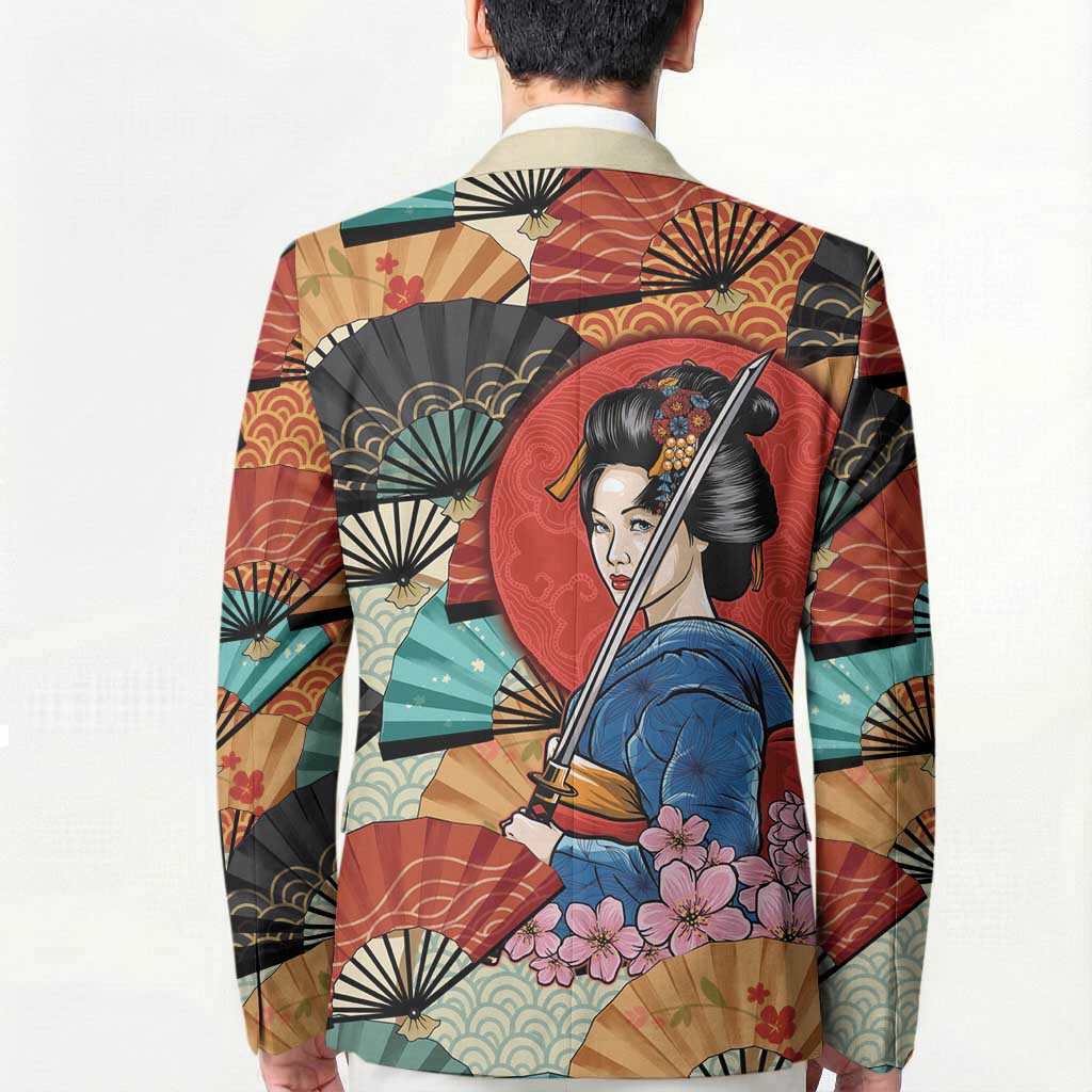 Japanese Geisha Katana Blazer Japan Sensu Seigaiha Pattern - Wonder Print Shop