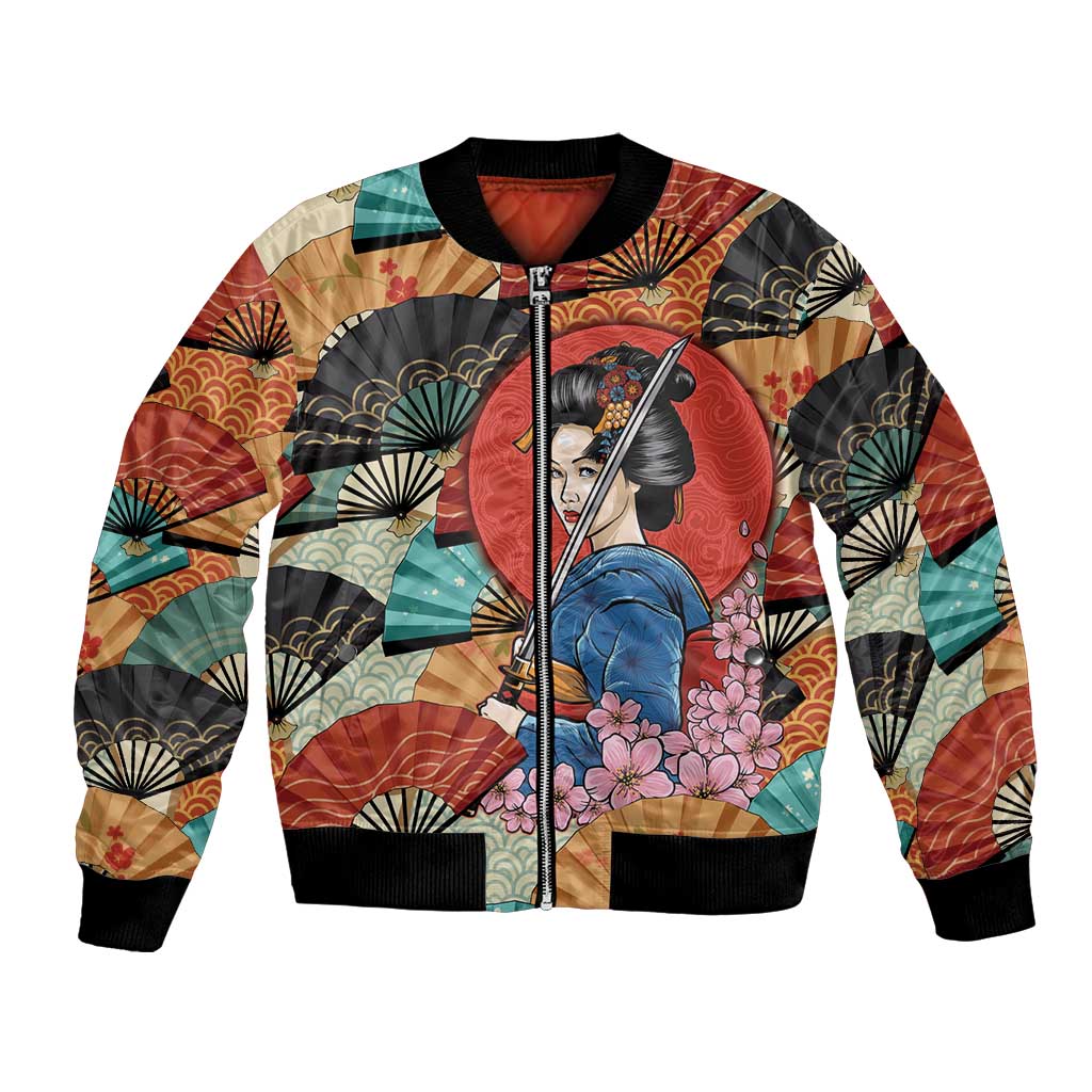Japanese Geisha Katana Bomber Jacket Japan Sensu Seigaiha Pattern - Wonder Print Shop