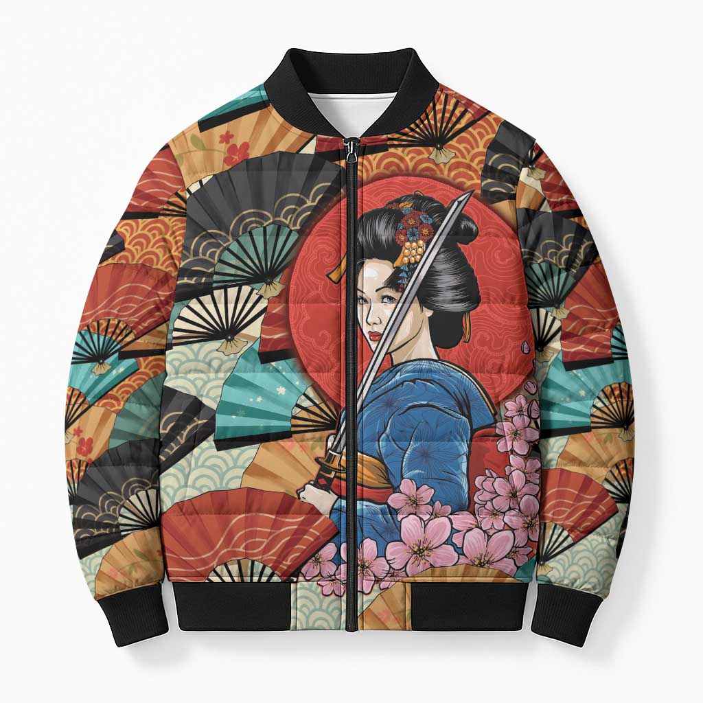 Japanese Geisha Katana Bomber Puffer Jacket Japan Sensu Seigaiha Pattern - Wonder Print Shop