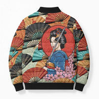 Japanese Geisha Katana Bomber Puffer Jacket Japan Sensu Seigaiha Pattern - Wonder Print Shop