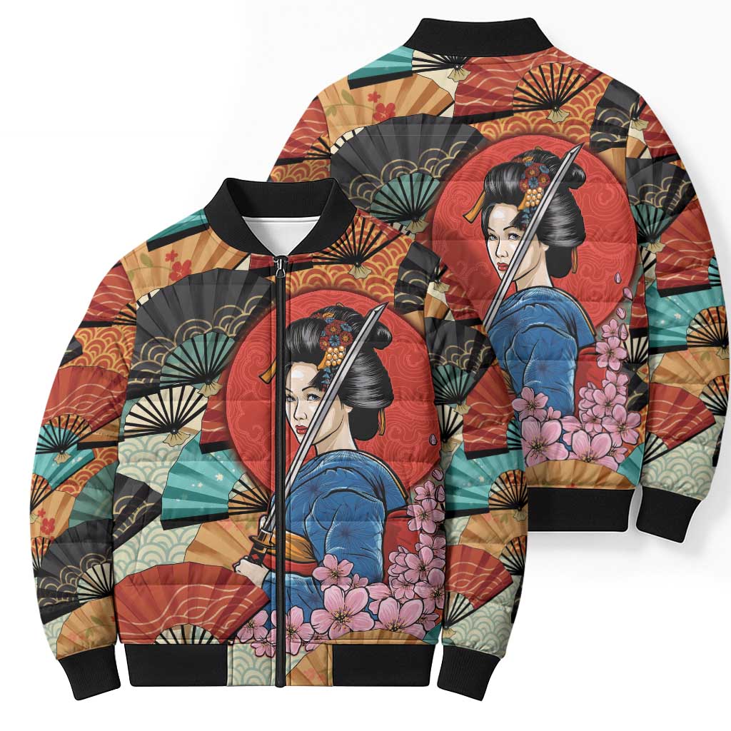 Japanese Geisha Katana Bomber Puffer Jacket Japan Sensu Seigaiha Pattern - Wonder Print Shop