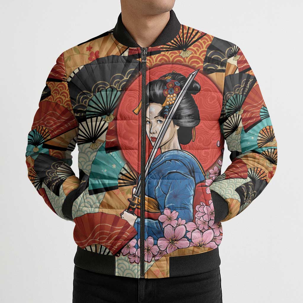 Japanese Geisha Katana Bomber Puffer Jacket Japan Sensu Seigaiha Pattern - Wonder Print Shop