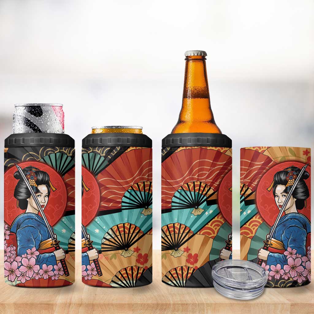 Japanese Geisha Katana 4 in 1 Can Cooler Tumbler Japan Sensu Seigaiha Pattern - Wonder Print Shop