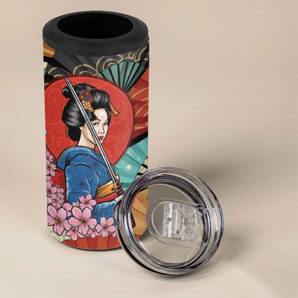 Japanese Geisha Katana 4 in 1 Can Cooler Tumbler Japan Sensu Seigaiha Pattern - Wonder Print Shop
