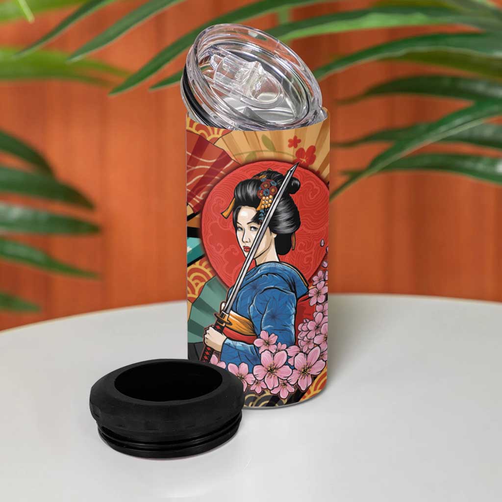Japanese Geisha Katana 4 in 1 Can Cooler Tumbler Japan Sensu Seigaiha Pattern - Wonder Print Shop