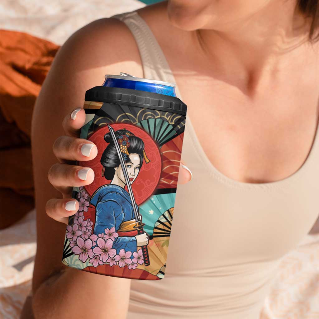 Japanese Geisha Katana 4 in 1 Can Cooler Tumbler Japan Sensu Seigaiha Pattern - Wonder Print Shop