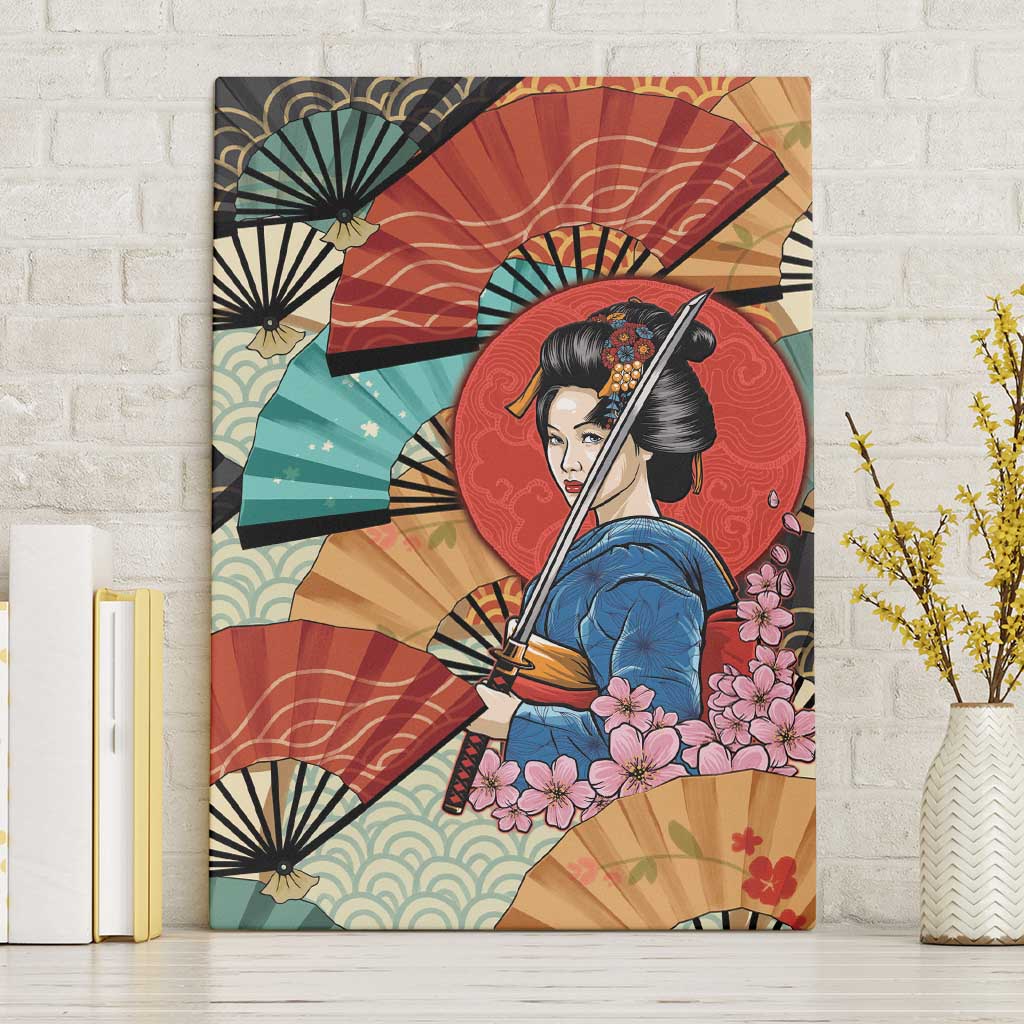 Japanese Geisha Katana Canvas Wall Art Japan Sensu Seigaiha Pattern - Wonder Print Shop