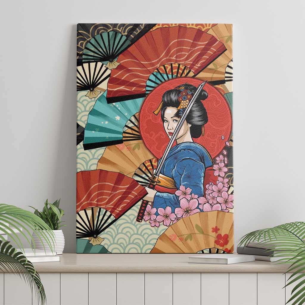 Japanese Geisha Katana Canvas Wall Art Japan Sensu Seigaiha Pattern - Wonder Print Shop