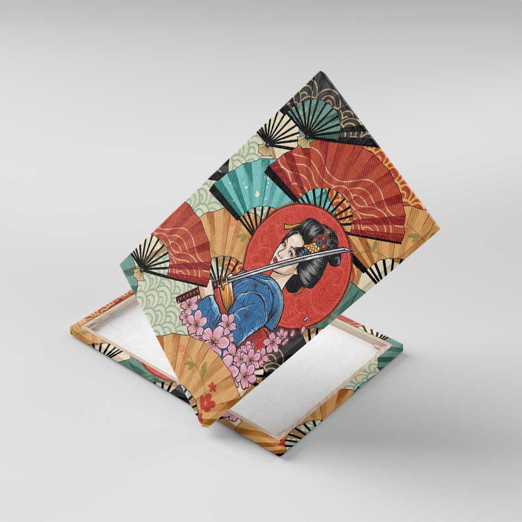 Japanese Geisha Katana Canvas Wall Art Japan Sensu Seigaiha Pattern - Wonder Print Shop