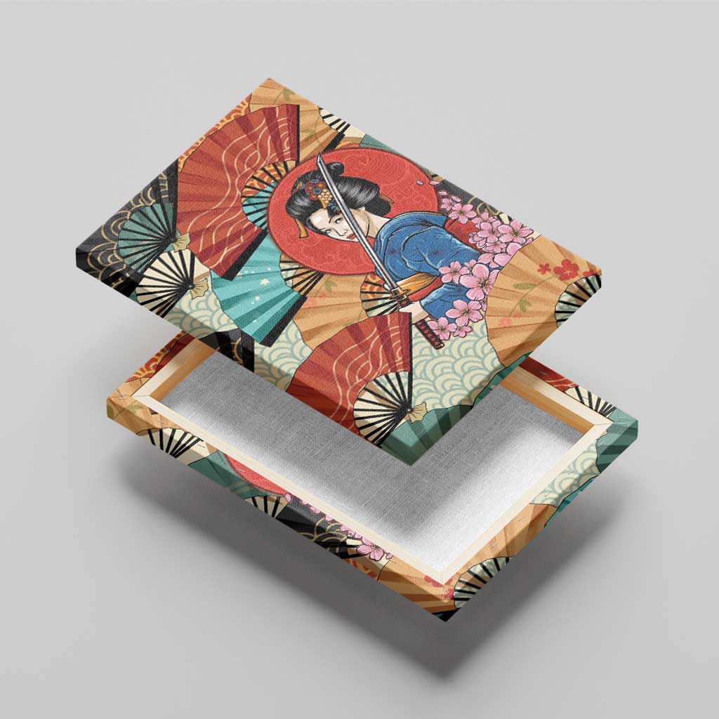 Japanese Geisha Katana Canvas Wall Art Japan Sensu Seigaiha Pattern - Wonder Print Shop