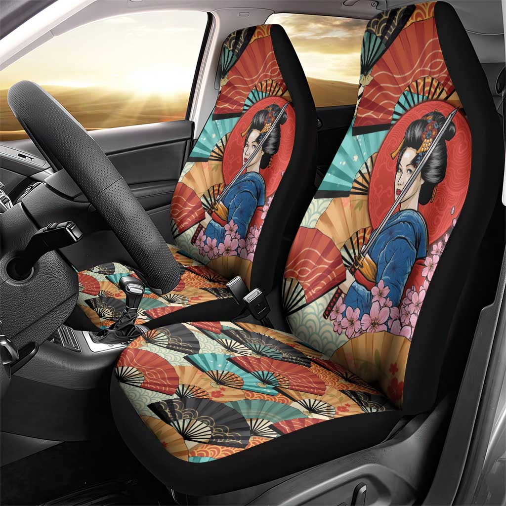 Japanese Geisha Katana Car Seat Cover Japan Sensu Seigaiha Pattern - Wonder Print Shop