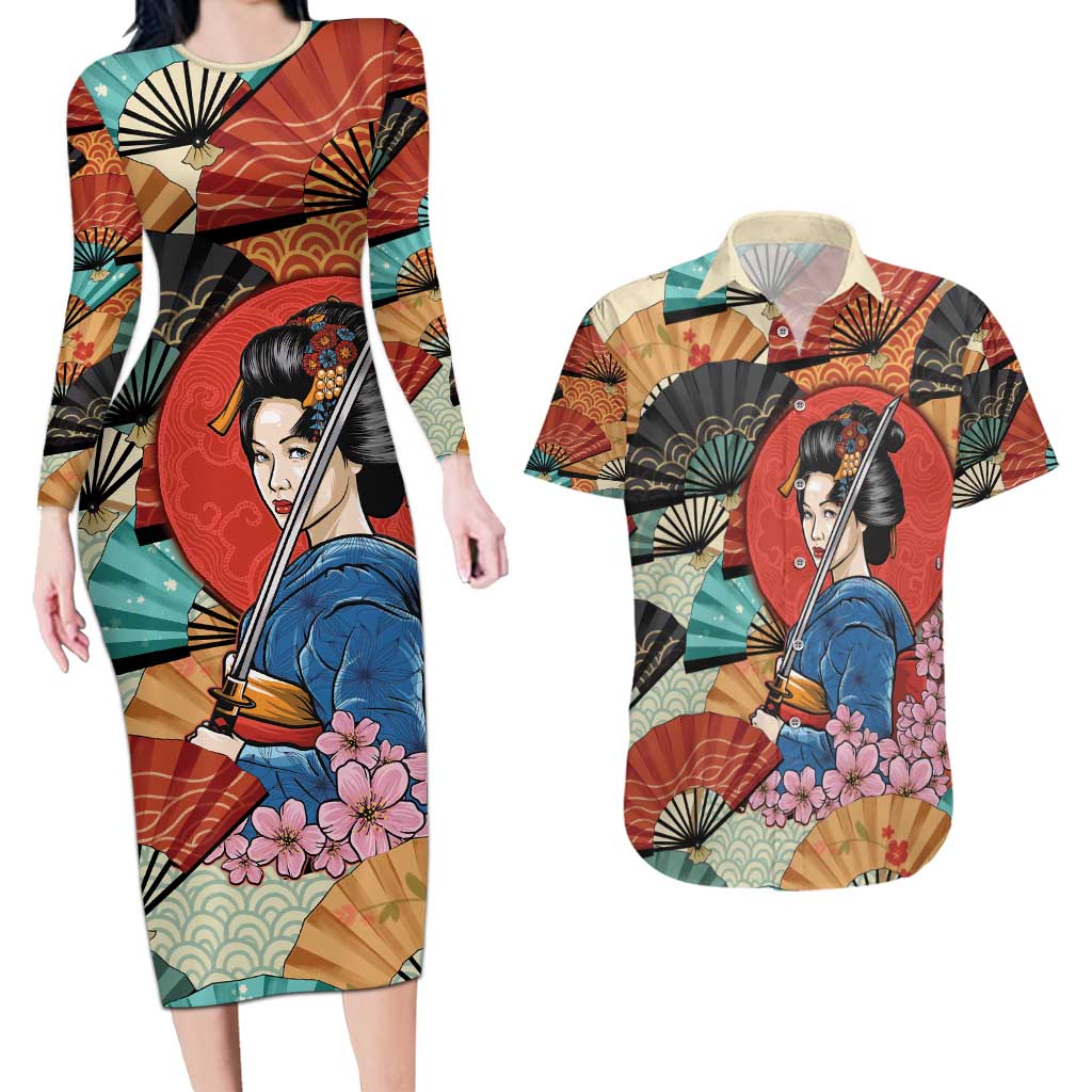 Japanese Geisha Katana Couples Matching Long Sleeve Bodycon Dress and Hawaiian Shirt Japan Sensu Seigaiha Pattern - Wonder Print Shop