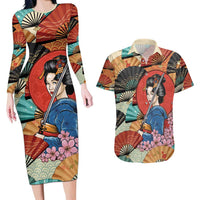 Japanese Geisha Katana Couples Matching Long Sleeve Bodycon Dress and Hawaiian Shirt Japan Sensu Seigaiha Pattern - Wonder Print Shop