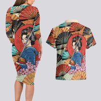 Japanese Geisha Katana Couples Matching Long Sleeve Bodycon Dress and Hawaiian Shirt Japan Sensu Seigaiha Pattern - Wonder Print Shop