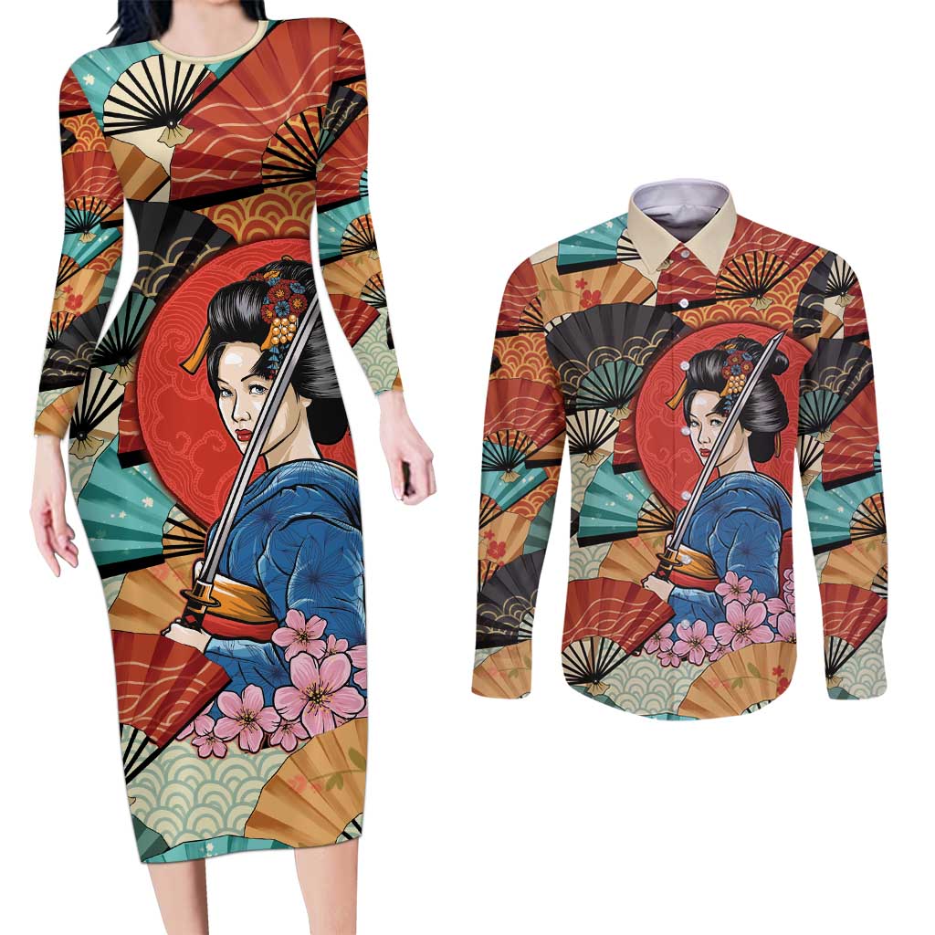Japanese Geisha Katana Couples Matching Long Sleeve Bodycon Dress and Long Sleeve Button Shirt Japan Sensu Seigaiha Pattern - Wonder Print Shop
