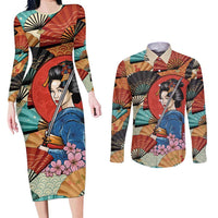 Japanese Geisha Katana Couples Matching Long Sleeve Bodycon Dress and Long Sleeve Button Shirt Japan Sensu Seigaiha Pattern - Wonder Print Shop