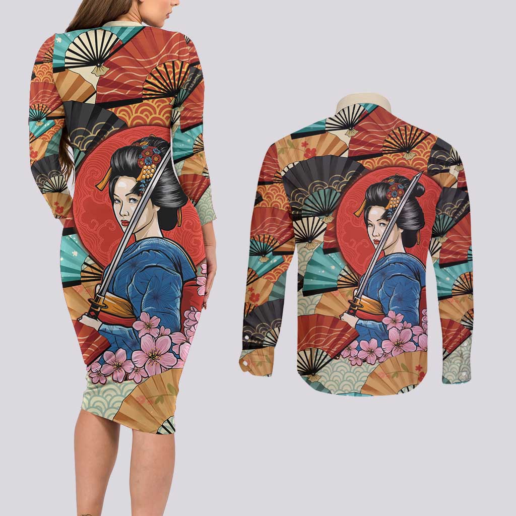 Japanese Geisha Katana Couples Matching Long Sleeve Bodycon Dress and Long Sleeve Button Shirt Japan Sensu Seigaiha Pattern - Wonder Print Shop