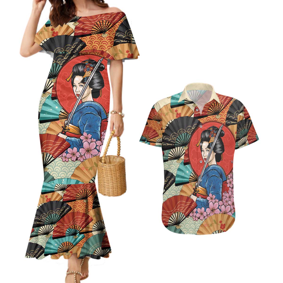 Japanese Geisha Katana Couples Matching Mermaid Dress and Hawaiian Shirt Japan Sensu Seigaiha Pattern - Wonder Print Shop