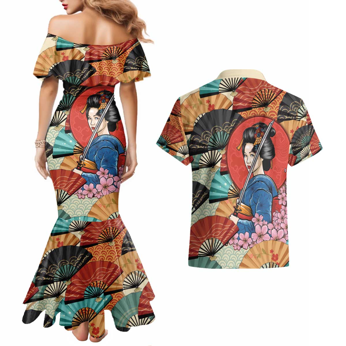 Japanese Geisha Katana Couples Matching Mermaid Dress and Hawaiian Shirt Japan Sensu Seigaiha Pattern - Wonder Print Shop