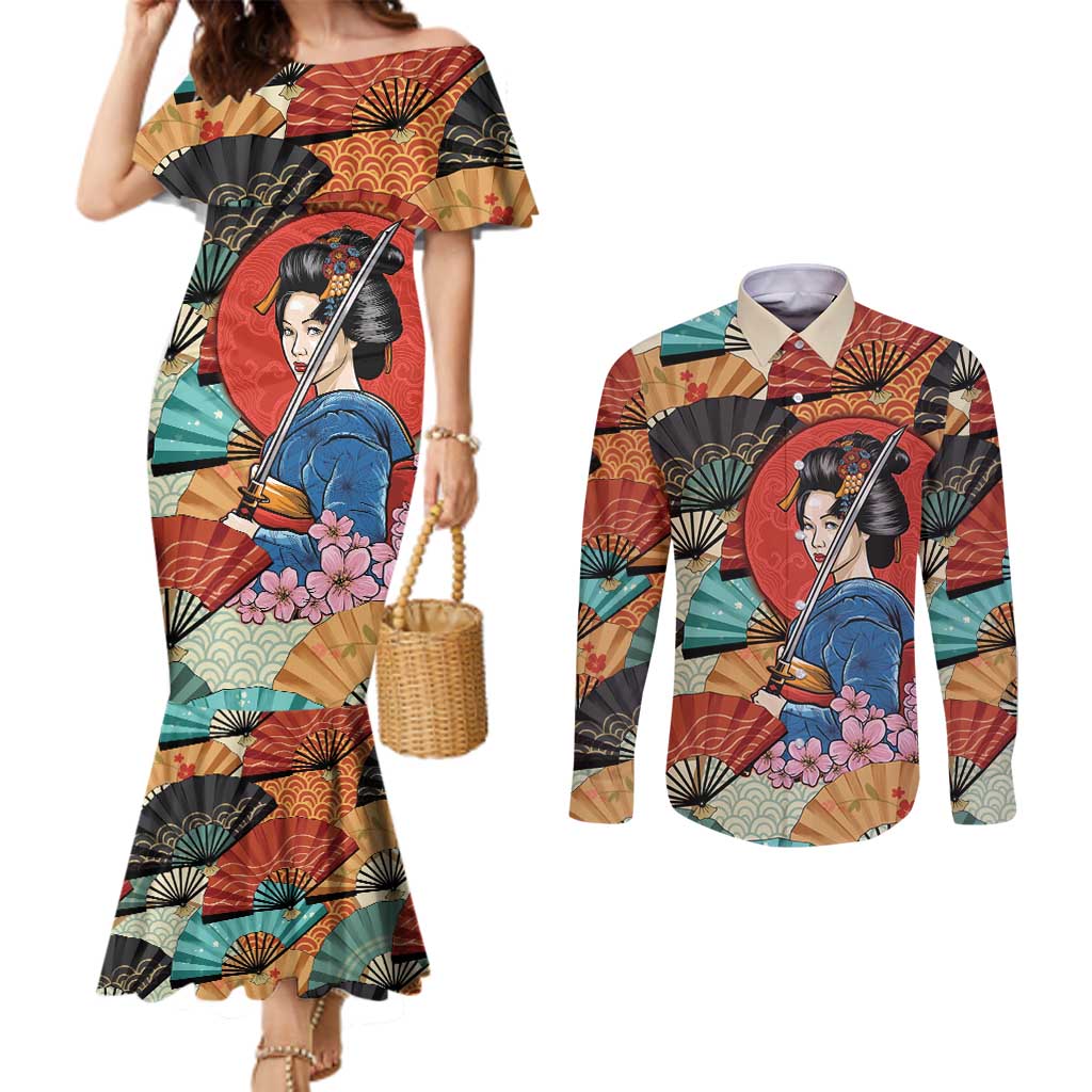 Japanese Geisha Katana Couples Matching Mermaid Dress and Long Sleeve Button Shirt Japan Sensu Seigaiha Pattern - Wonder Print Shop
