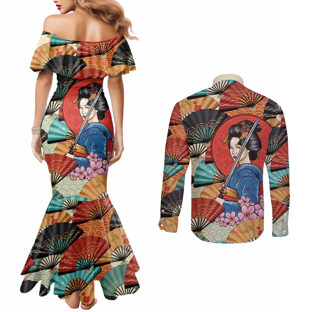 Japanese Geisha Katana Couples Matching Mermaid Dress and Long Sleeve Button Shirt Japan Sensu Seigaiha Pattern - Wonder Print Shop