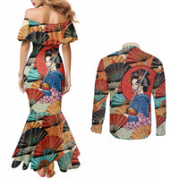 Japanese Geisha Katana Couples Matching Mermaid Dress and Long Sleeve Button Shirt Japan Sensu Seigaiha Pattern - Wonder Print Shop