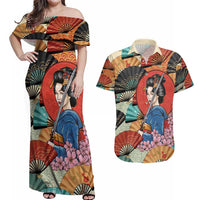 Japanese Geisha Katana Couples Matching Off Shoulder Maxi Dress and Hawaiian Shirt Japan Sensu Seigaiha Pattern - Wonder Print Shop