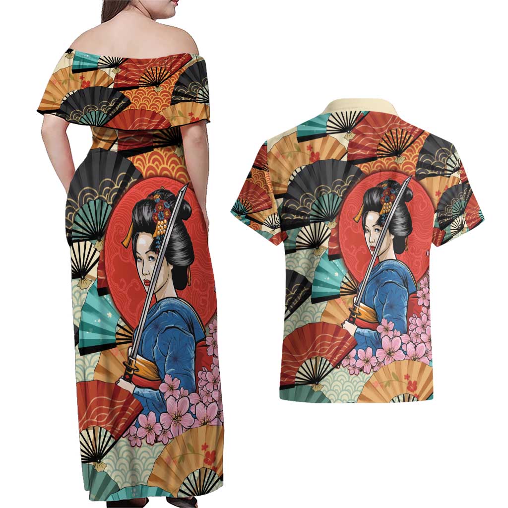 Japanese Geisha Katana Couples Matching Off Shoulder Maxi Dress and Hawaiian Shirt Japan Sensu Seigaiha Pattern - Wonder Print Shop