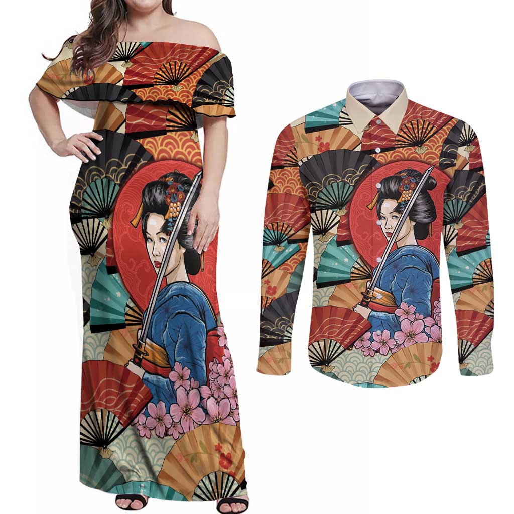 Japanese Geisha Katana Couples Matching Off Shoulder Maxi Dress and Long Sleeve Button Shirt Japan Sensu Seigaiha Pattern - Wonder Print Shop