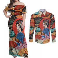 Japanese Geisha Katana Couples Matching Off Shoulder Maxi Dress and Long Sleeve Button Shirt Japan Sensu Seigaiha Pattern - Wonder Print Shop
