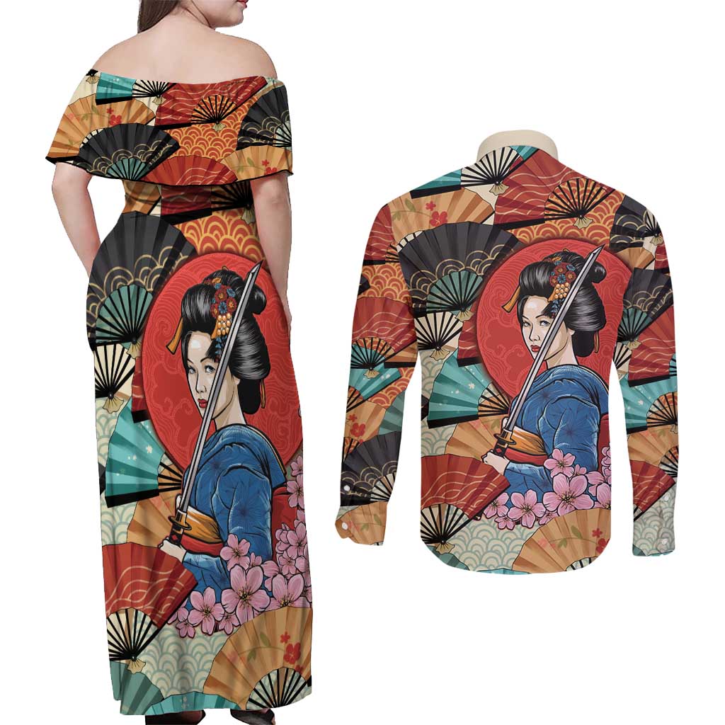 Japanese Geisha Katana Couples Matching Off Shoulder Maxi Dress and Long Sleeve Button Shirt Japan Sensu Seigaiha Pattern - Wonder Print Shop
