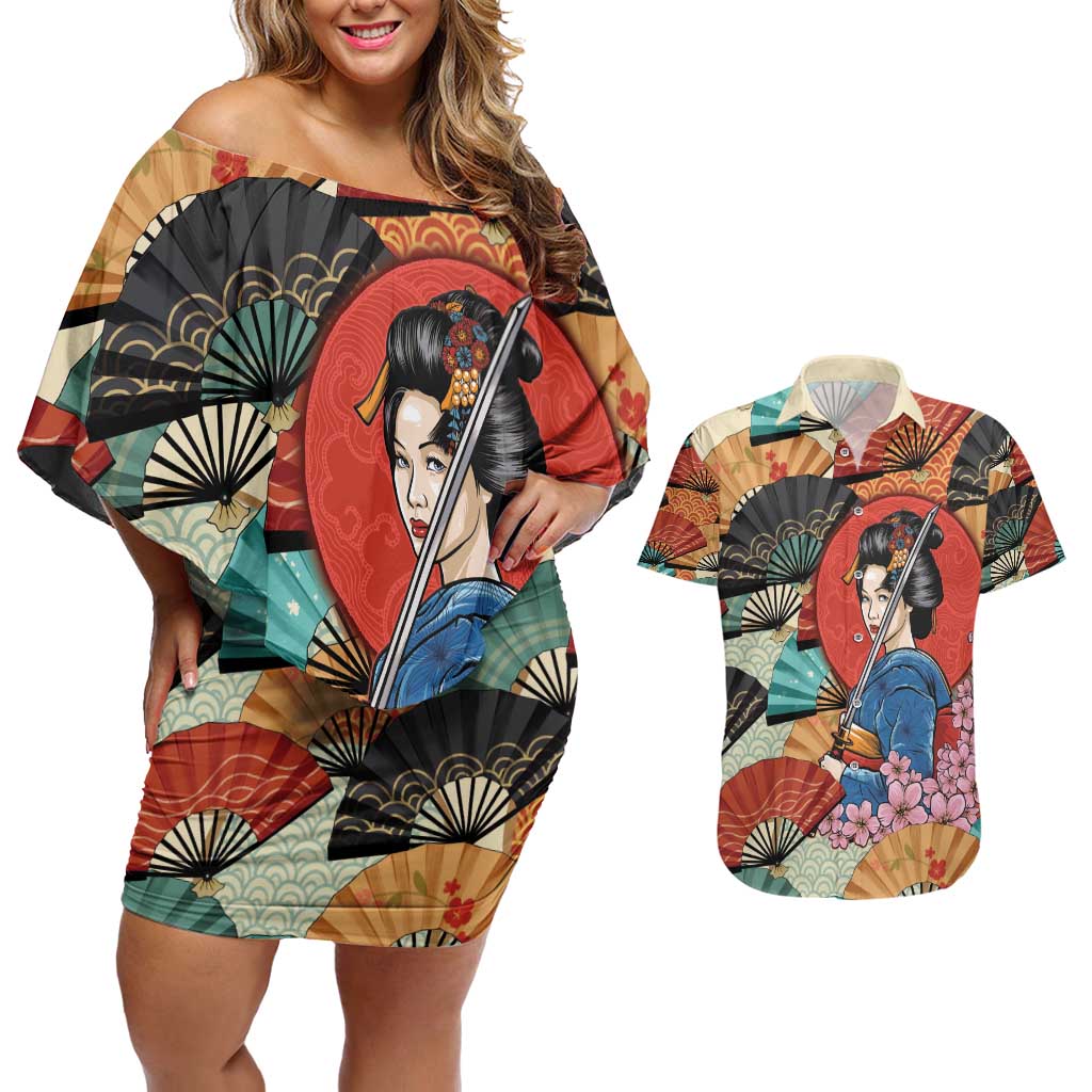 Japanese Geisha Katana Couples Matching Off Shoulder Short Dress and Hawaiian Shirt Japan Sensu Seigaiha Pattern - Wonder Print Shop