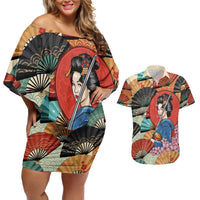Japanese Geisha Katana Couples Matching Off Shoulder Short Dress and Hawaiian Shirt Japan Sensu Seigaiha Pattern - Wonder Print Shop