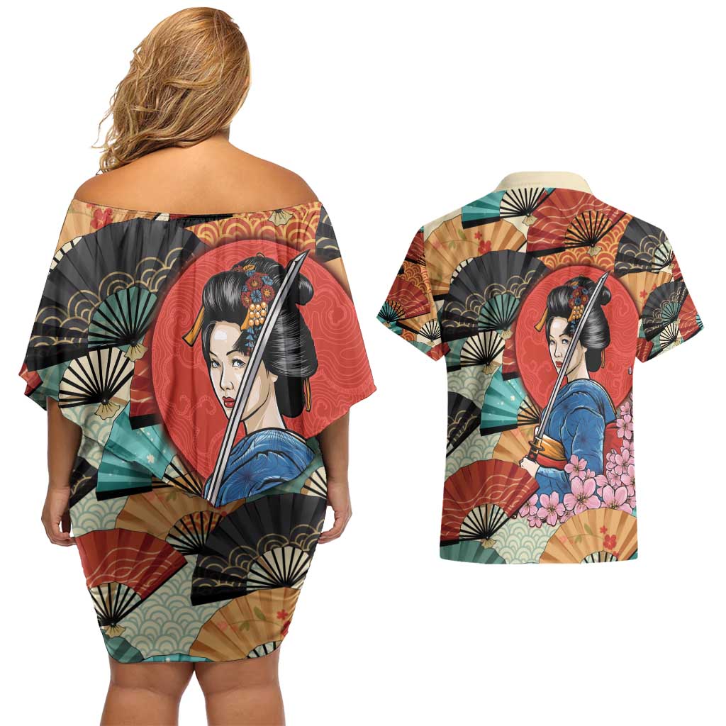 Japanese Geisha Katana Couples Matching Off Shoulder Short Dress and Hawaiian Shirt Japan Sensu Seigaiha Pattern - Wonder Print Shop