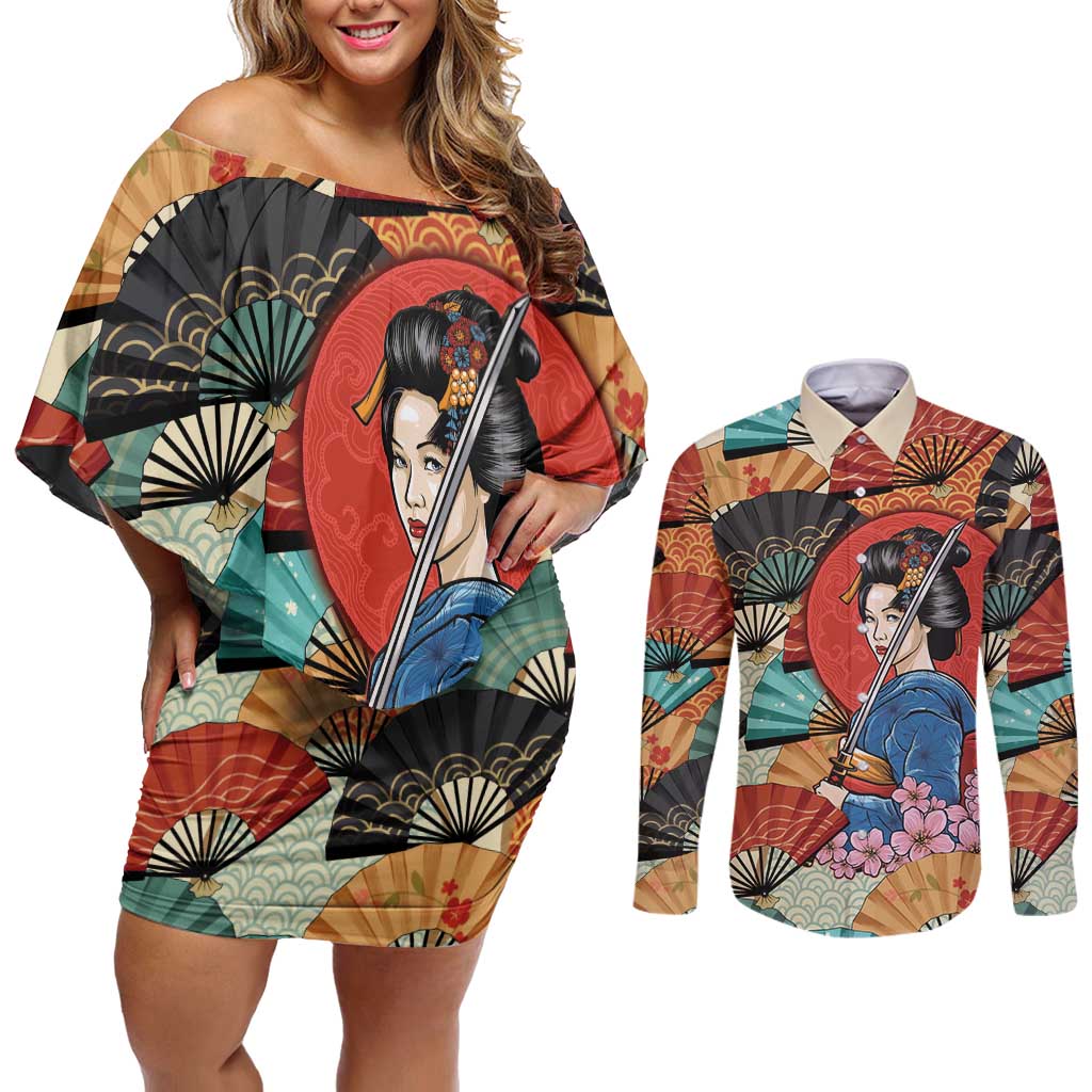 Japanese Geisha Katana Couples Matching Off Shoulder Short Dress and Long Sleeve Button Shirt Japan Sensu Seigaiha Pattern - Wonder Print Shop