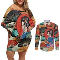 Japanese Geisha Katana Couples Matching Off Shoulder Short Dress and Long Sleeve Button Shirt Japan Sensu Seigaiha Pattern - Wonder Print Shop
