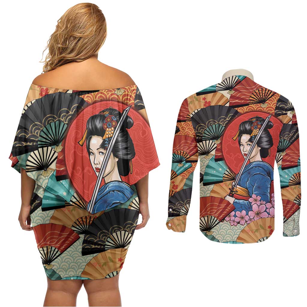 Japanese Geisha Katana Couples Matching Off Shoulder Short Dress and Long Sleeve Button Shirt Japan Sensu Seigaiha Pattern - Wonder Print Shop