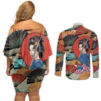 Japanese Geisha Katana Couples Matching Off Shoulder Short Dress and Long Sleeve Button Shirt Japan Sensu Seigaiha Pattern - Wonder Print Shop
