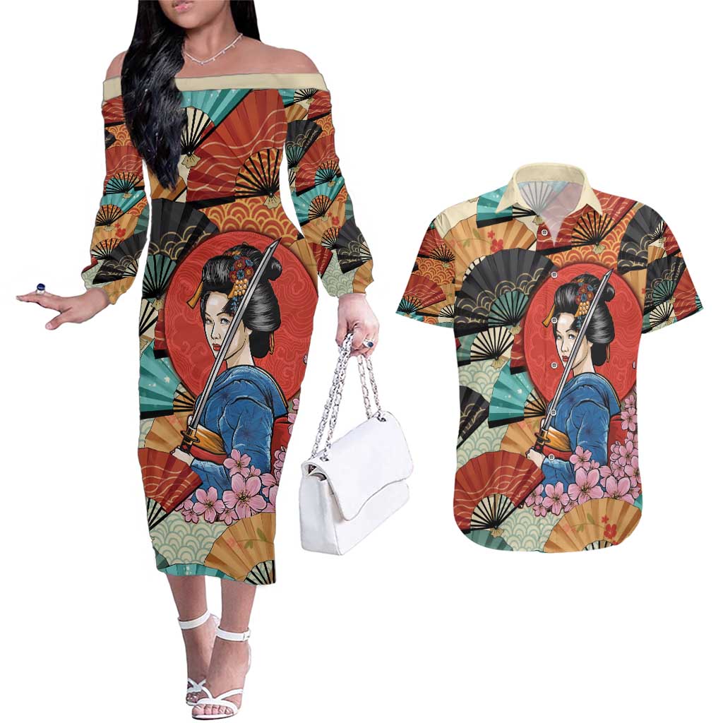 Japanese Geisha Katana Couples Matching Off The Shoulder Long Sleeve Dress and Hawaiian Shirt Japan Sensu Seigaiha Pattern - Wonder Print Shop